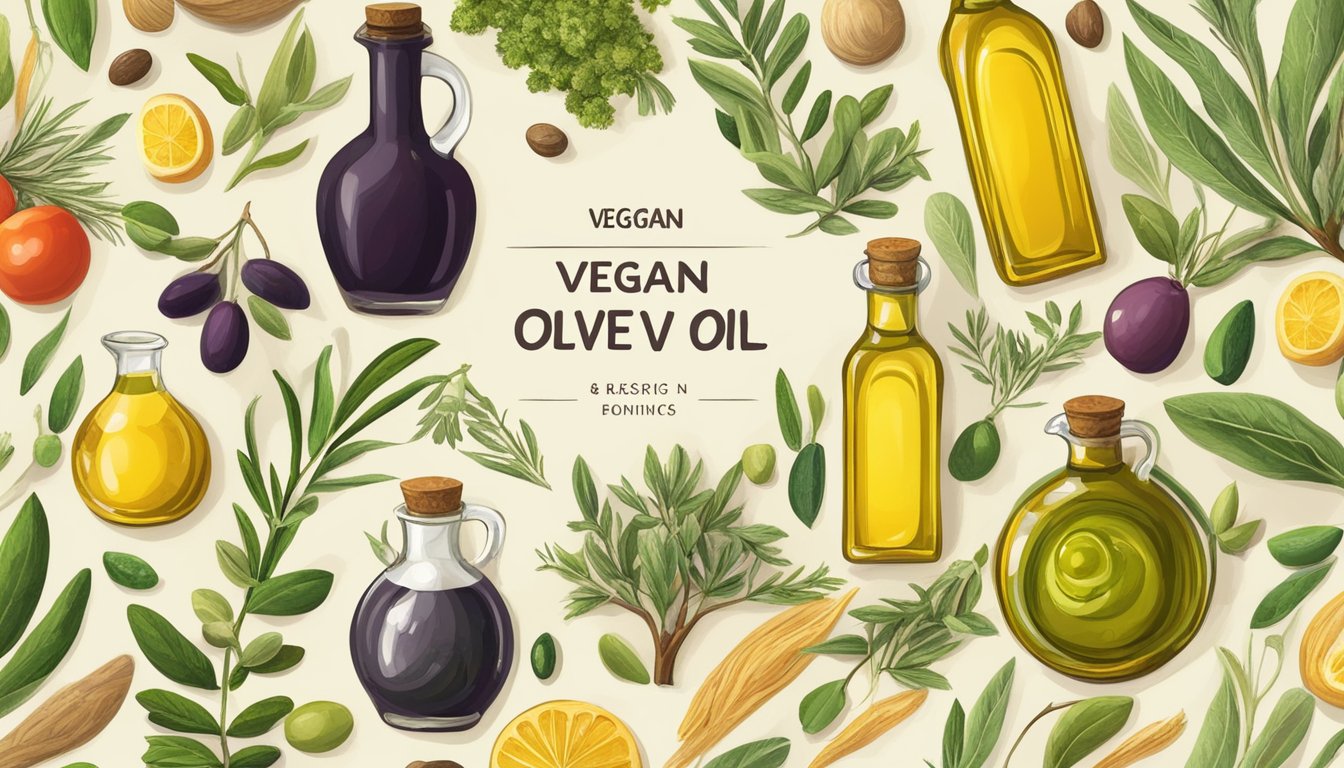 A bottle of olive oil surrounded by various plant-based foods and ingredients, emphasizing its vegan-friendly nature