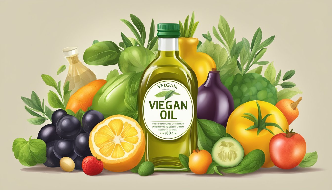 A bottle of olive oil surrounded by various fruits and vegetables, with a clear "vegan" label on the front