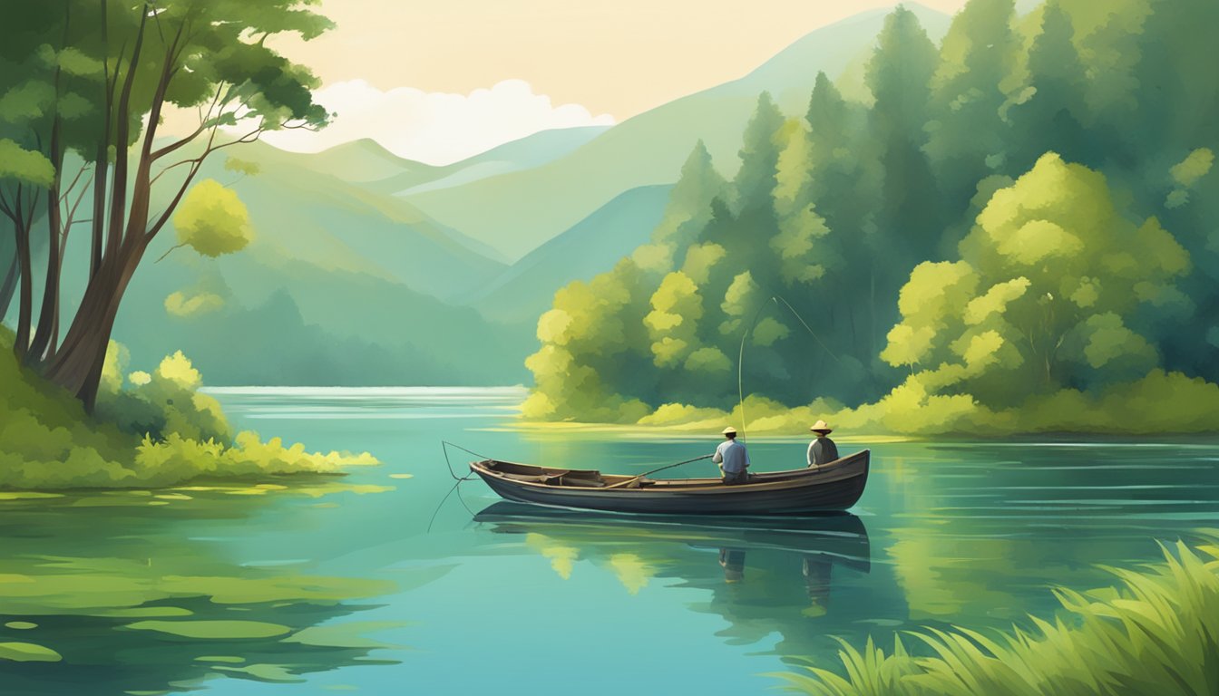 A serene lake surrounded by lush greenery, with a fishing boat and a fisherman casting his line into the water