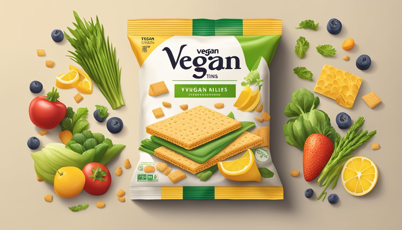 A pile of wheat thins surrounded by fresh vegetables and fruits, with a clear "vegan" label on the packaging