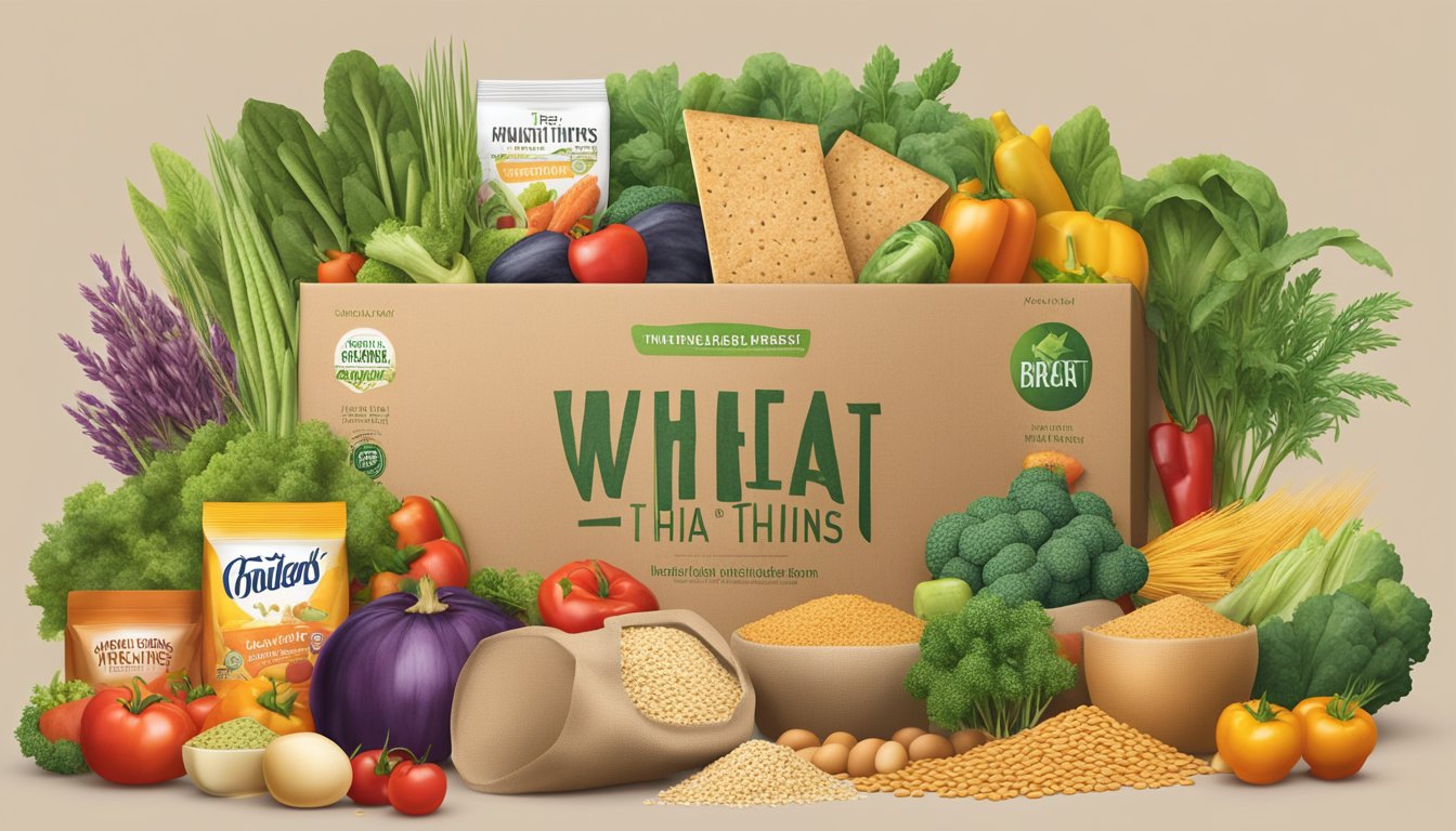 A box of wheat thins surrounded by various plant-based ingredients like vegetables and grains