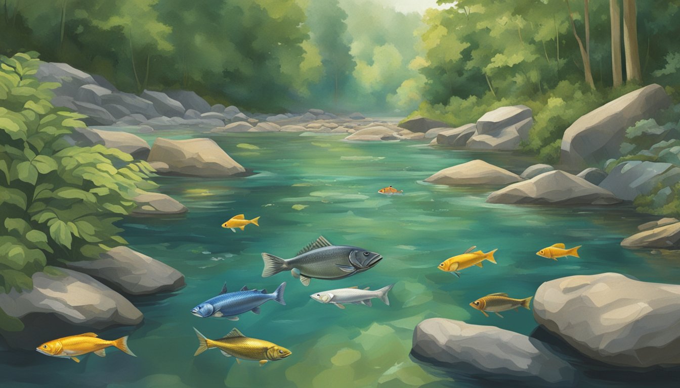 Various fish species swimming in a clear Alabama river, surrounded by lush greenery and rocks