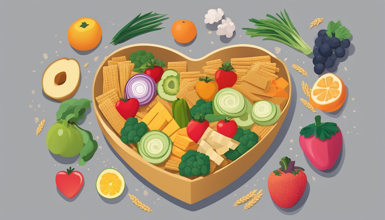 A bowl of wheat thins surrounded by various fruits and vegetables, with a nutrition label and a heart symbolizing health implications