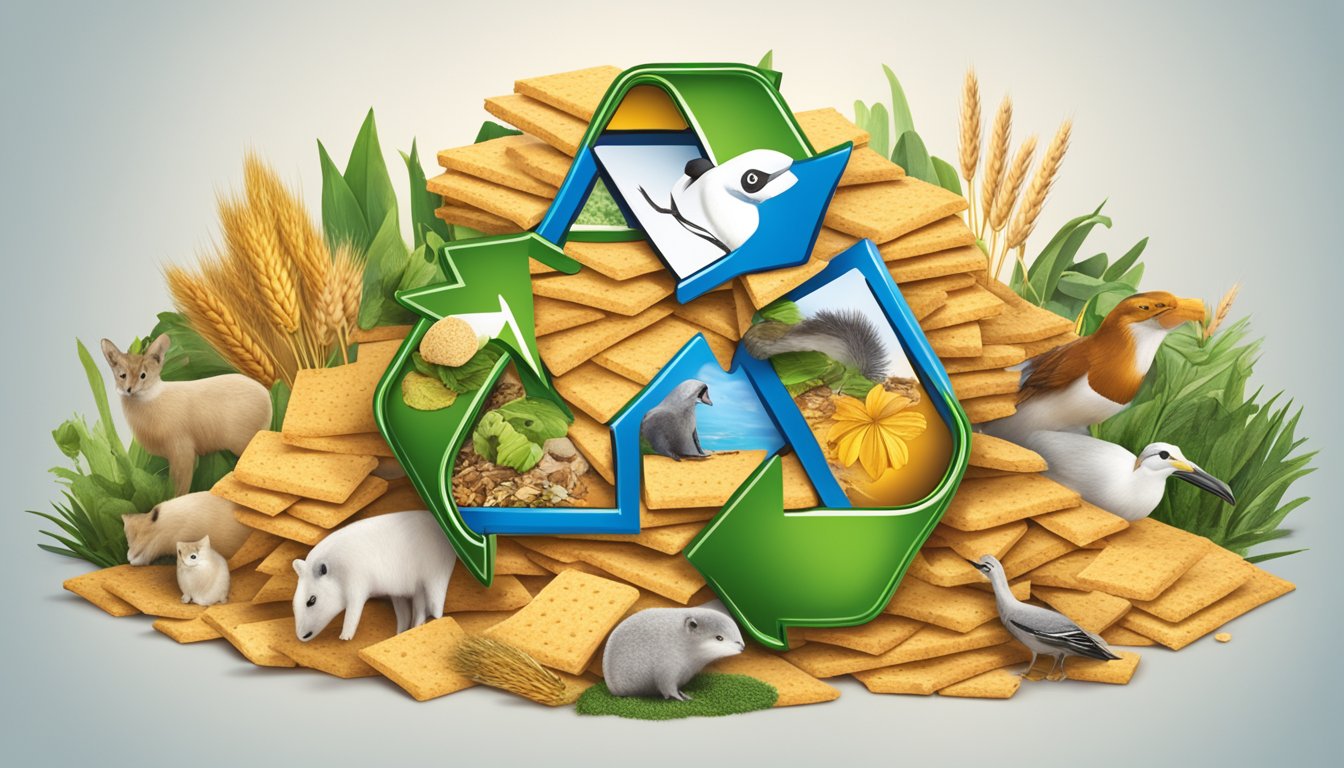 A pile of wheat thins surrounded by images of animals and plants, with a recycling symbol in the background