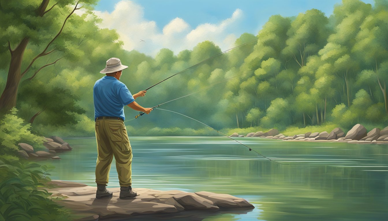 A fisherman casting a line into a calm Alabama river, surrounded by lush green trees and a clear blue sky