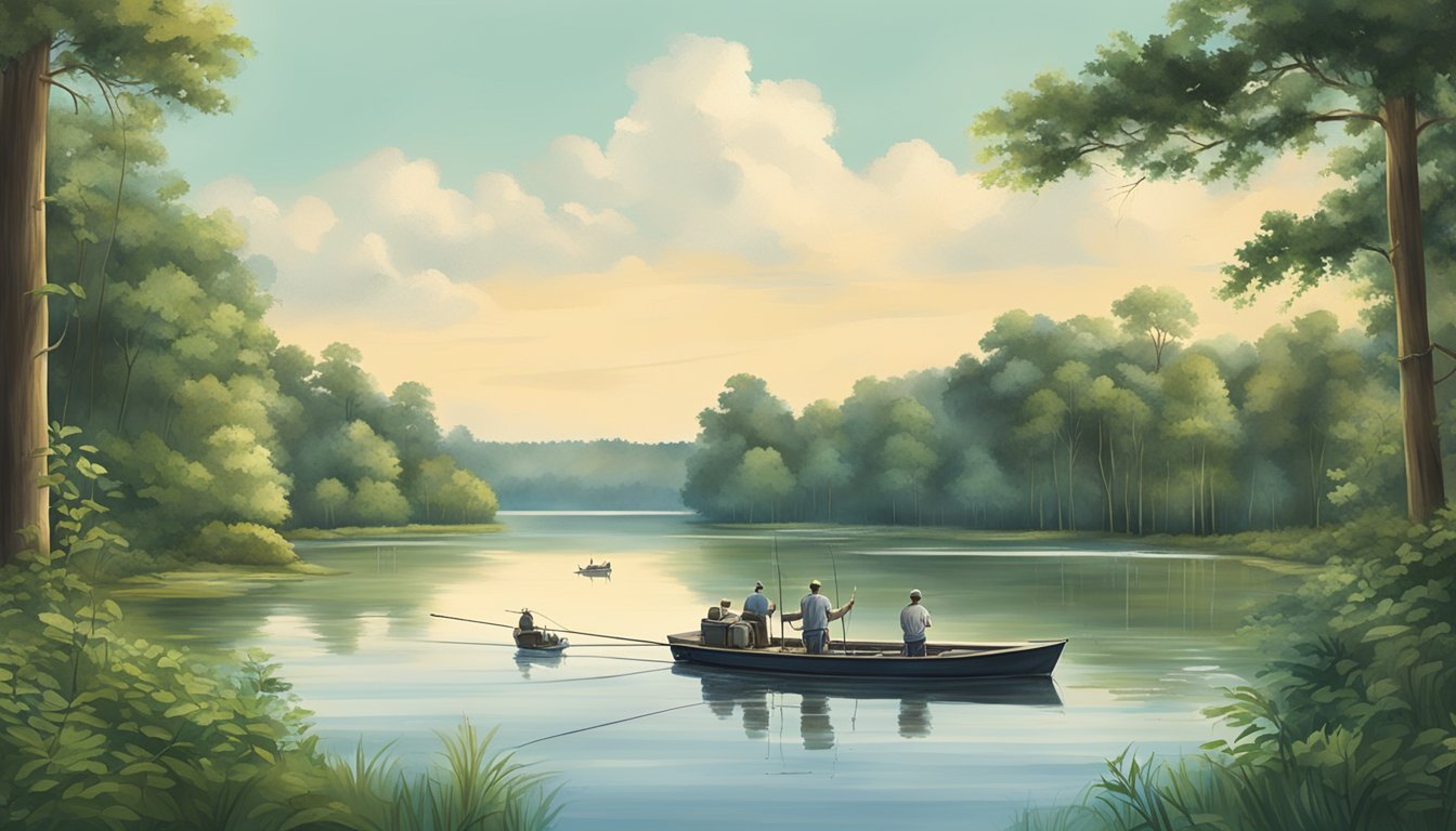 A serene lake surrounded by lush greenery, with a fishing boat and anglers casting lines into the water in Alabama