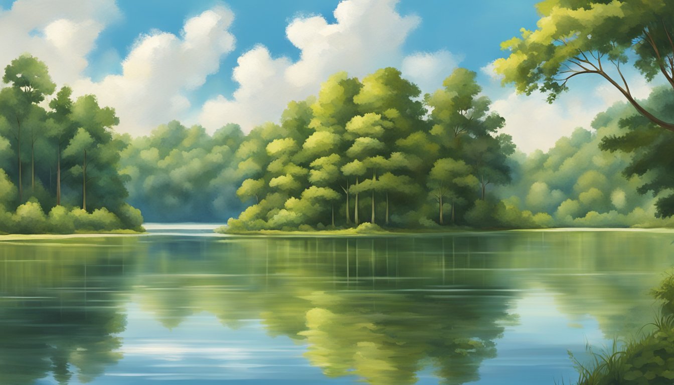 A sunny day on a calm lake in Alabama, with a few scattered clouds in the sky. The water is clear and the surrounding trees are lush and green