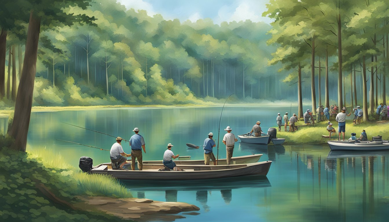 A serene lake surrounded by lush green trees, with several fishing boats and anglers participating in a tournament in Alabama