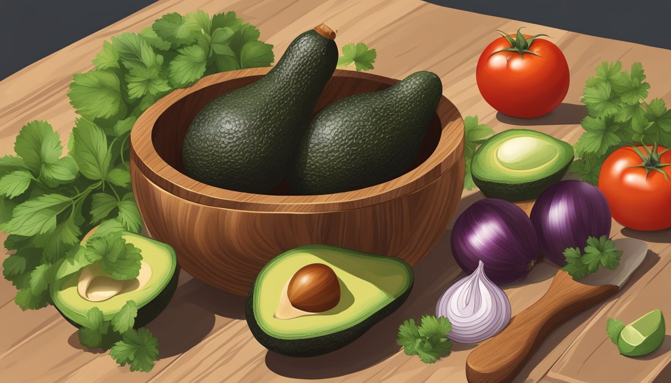 A wooden bowl filled with ripe avocados, tomatoes, onions, cilantro, and lime, surrounded by a mortar and pestle