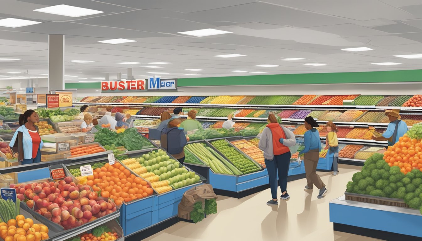 A bustling Meijer store with a rich history displayed on the walls, surrounded by happy customers and a wide variety of fresh produce and groceries