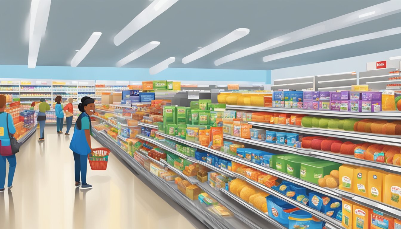 Busy Meijer store with bright, organized aisles, friendly staff, and diverse product selection. Customers browsing, chatting, and enjoying the lively atmosphere