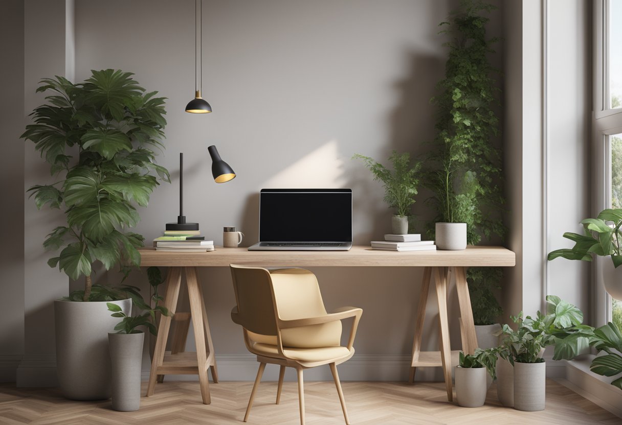 A simple, clean desk with a laptop, plant, and geometric decor