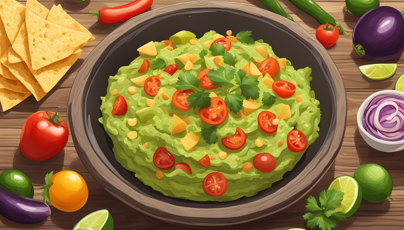 A bowl of guacamole surrounded by colorful, fresh vegetables and tortilla chips on a wooden serving platter