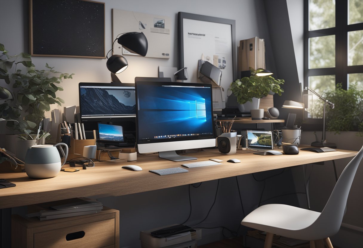 A cluttered desk with scattered digital devices and cables, contrasted with a clean, organized workspace with only essential items Minimalism Trend On Social Media