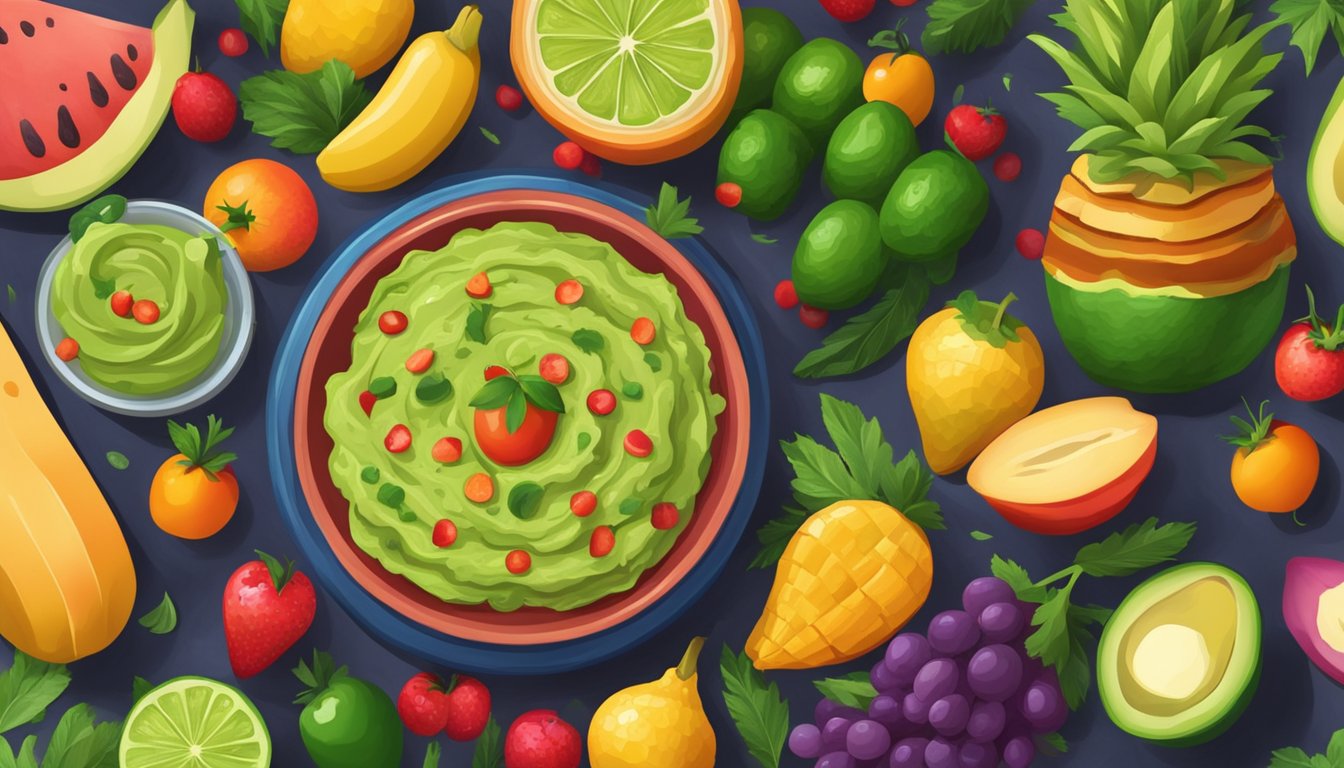 A colorful fiesta table with a bowl of fresh guacamole surrounded by vibrant fruits, vegetables, and festive decorations