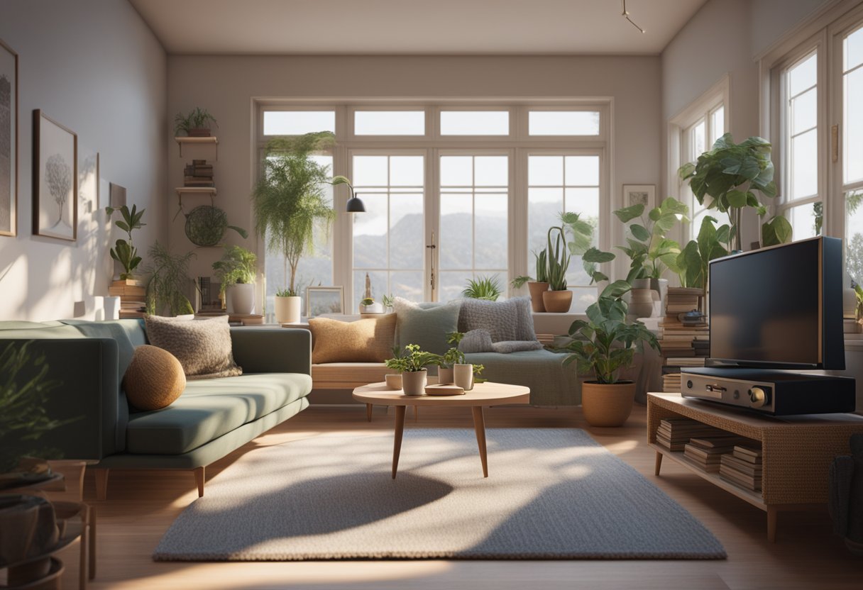 A cozy living room with a record player, potted plants, and a stack of books. A person knits by the window while a vintage camera sits on a shelf Minimalism Trend On Social Media