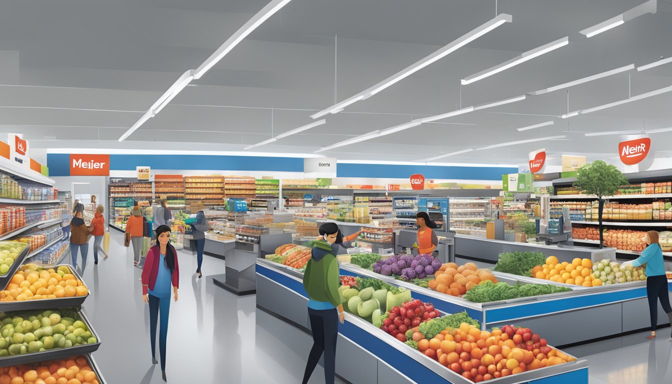 A bustling grocery store with modern technology and innovative displays showcasing Meijer's diverse product offerings