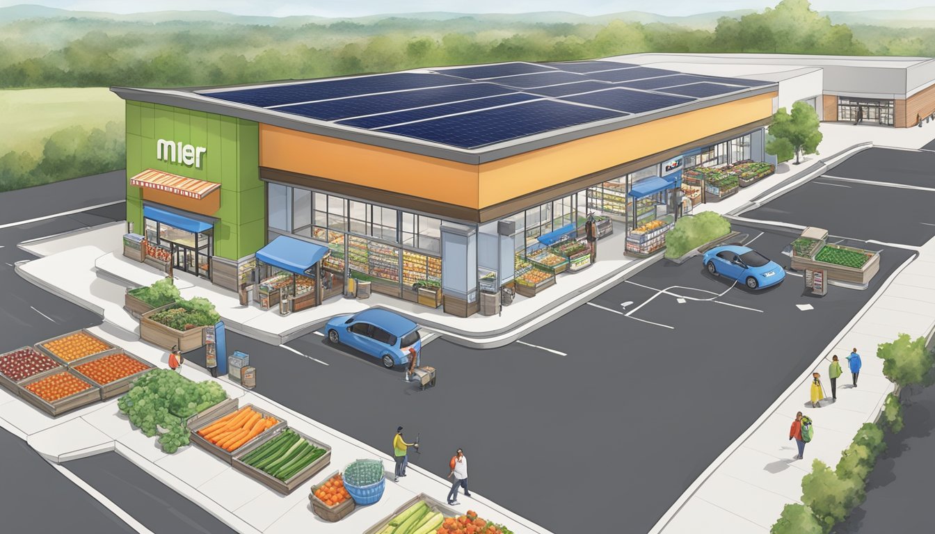 A bustling Meijer store with solar panels on the roof, electric car charging stations, and a display of locally sourced produce