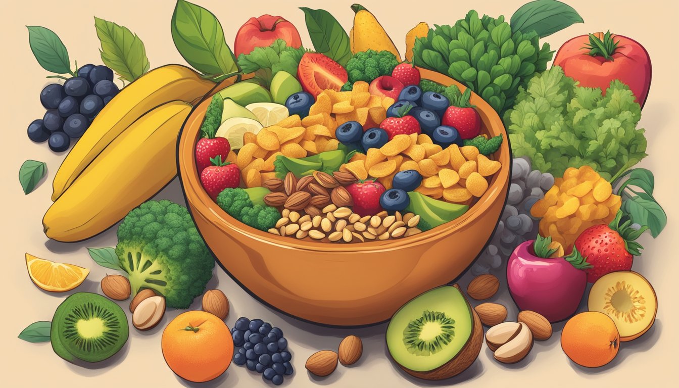 A bowl of Fritos surrounded by various plant-based foods like fruits, vegetables, and nuts, with a "vegan" label prominently displayed