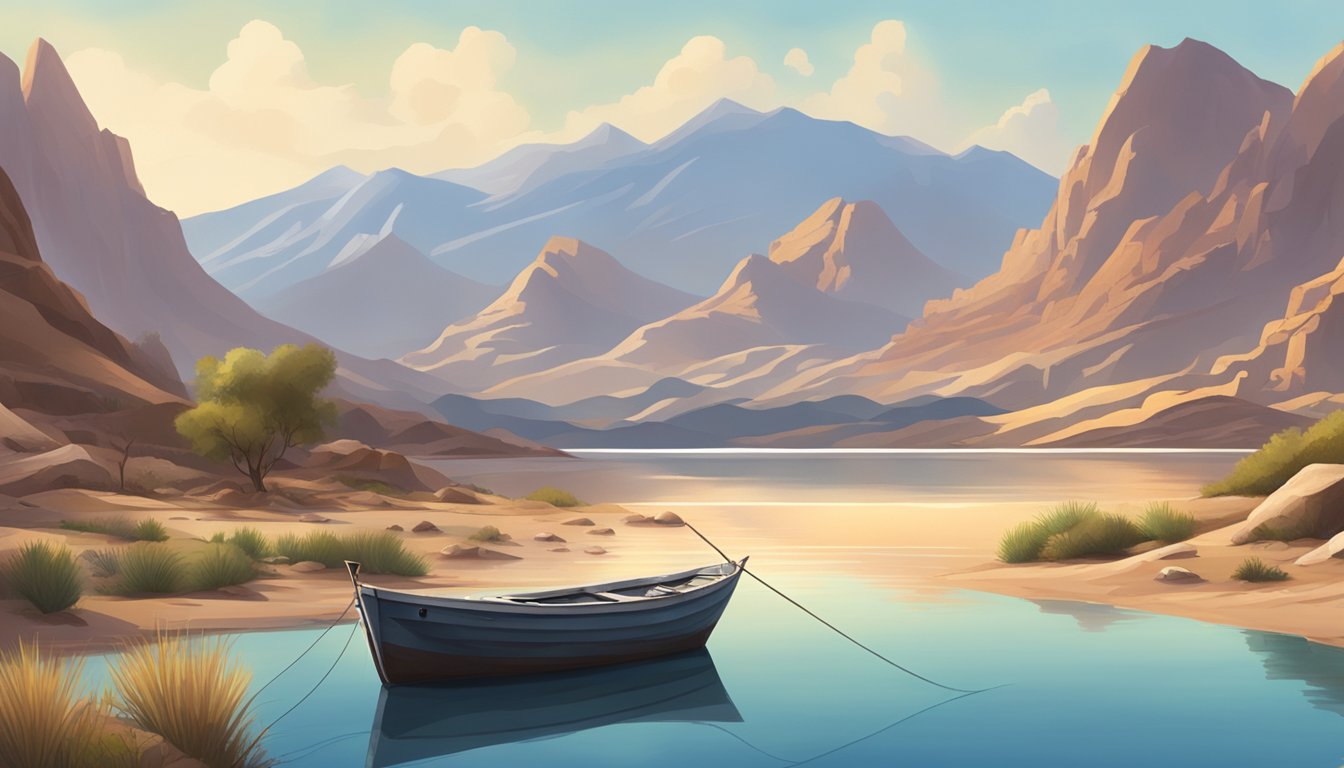 A serene lake surrounded by rugged desert terrain, with a fishing boat and mountains in the background. The sky is clear and the sun is shining