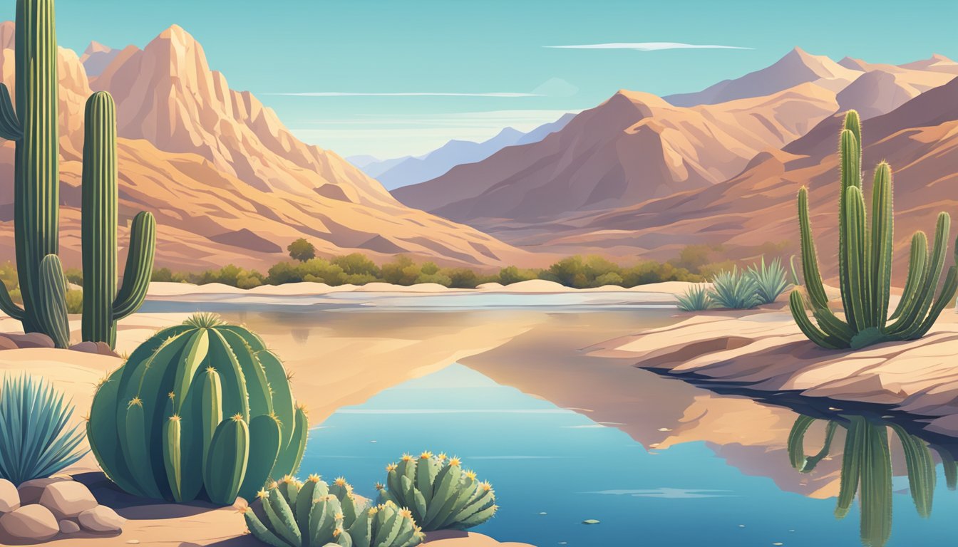 A serene desert landscape with a calm lake surrounded by cacti and mountains, with a clear blue sky overhead