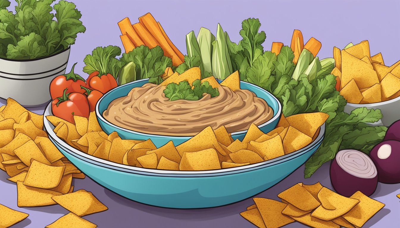 A bowl of Fritos surrounded by colorful vegetables and a plant-based dip