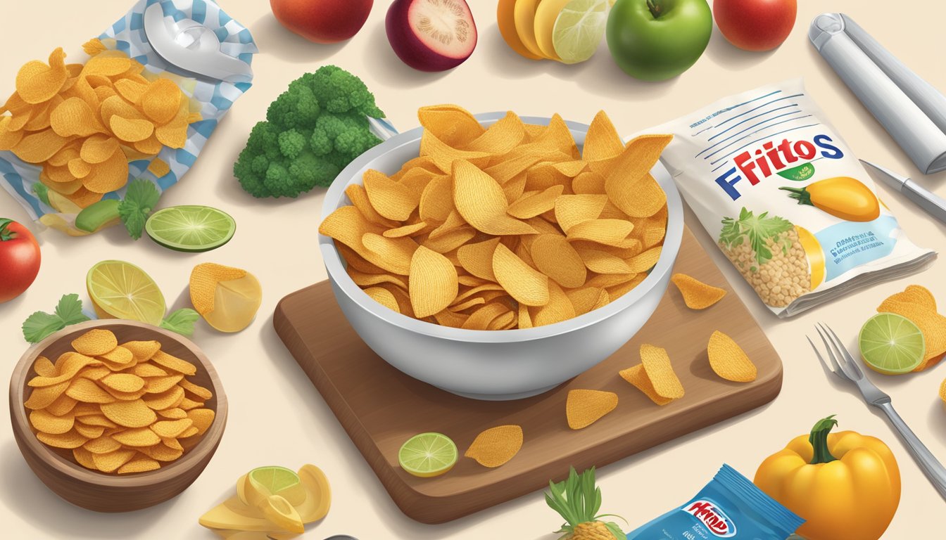 A table with a bowl of Fritos, surrounded by various fruits, vegetables, and grains. A magnifying glass hovers over the ingredients list on the Fritos bag