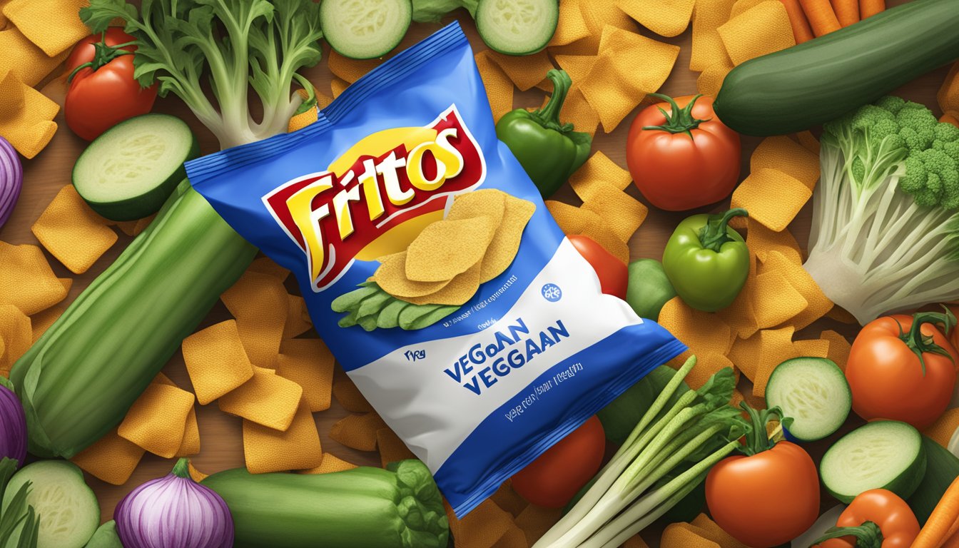 A bag of Fritos next to a pile of vegetables, with a "vegan" label