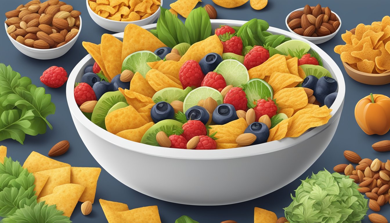 A bowl of Fritos surrounded by various plant-based snack options like nuts, fruits, and vegetables