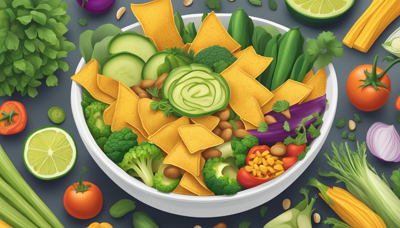 A bowl of Fritos surrounded by various vegetables and plant-based ingredients, with a prominent vegan label displayed