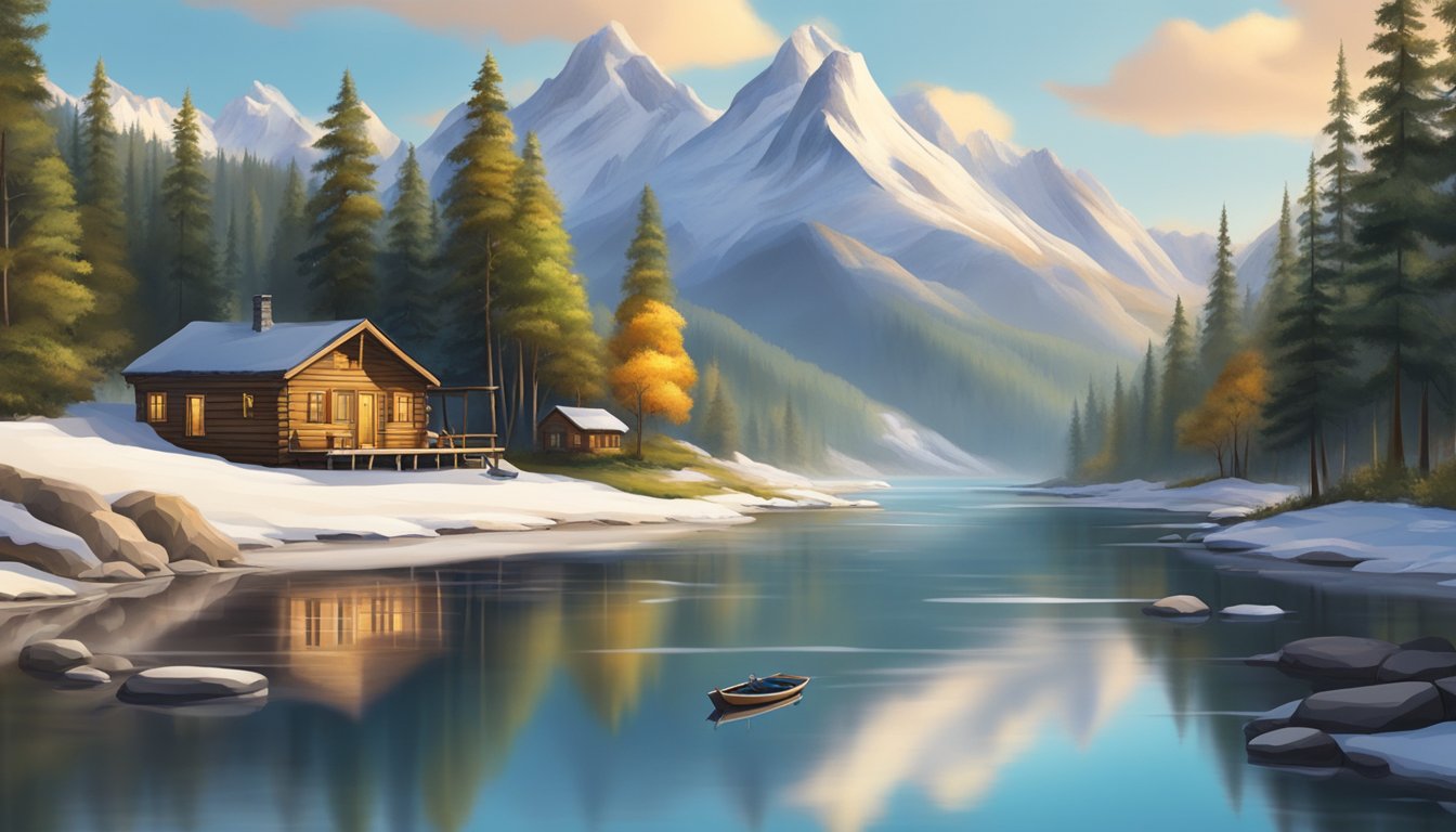 A cozy cabin nestled among snow-capped mountains, with a tranquil river flowing nearby and a small boat docked at the water's edge