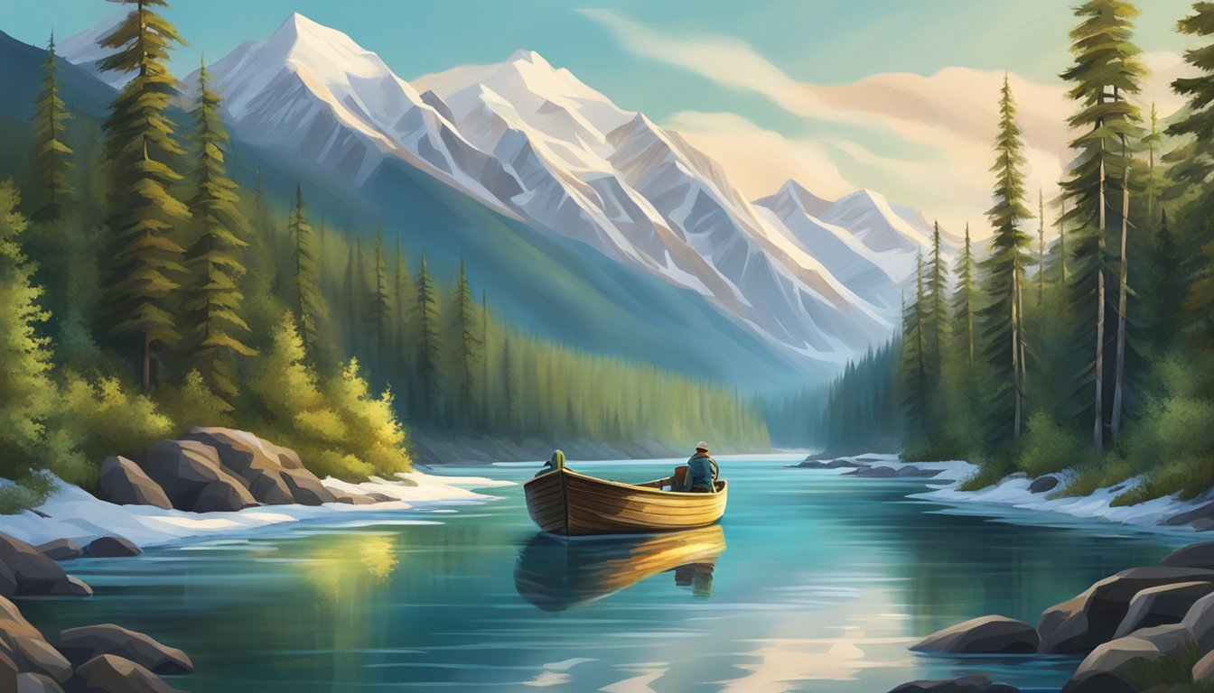 A serene Alaskan river with a fishing boat, surrounded by snow-capped mountains and dense forests