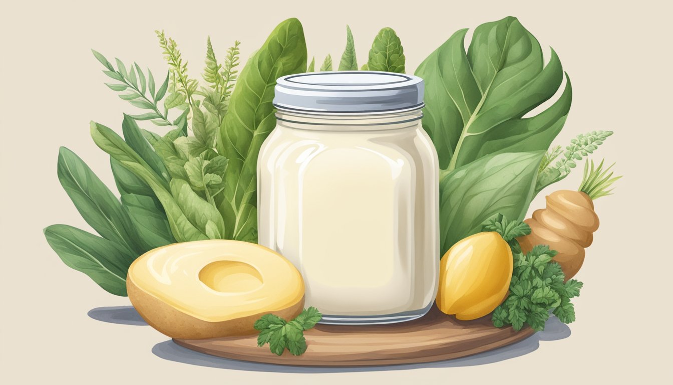 A jar of mayonnaise surrounded by various plant-based ingredients and a "vegan" label