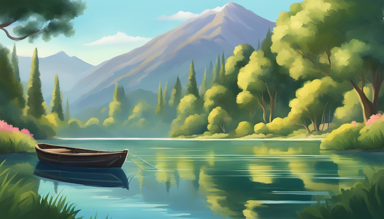 A serene lake surrounded by lush greenery, with a fishing boat gently floating on the calm water, and the California mountains in the distance