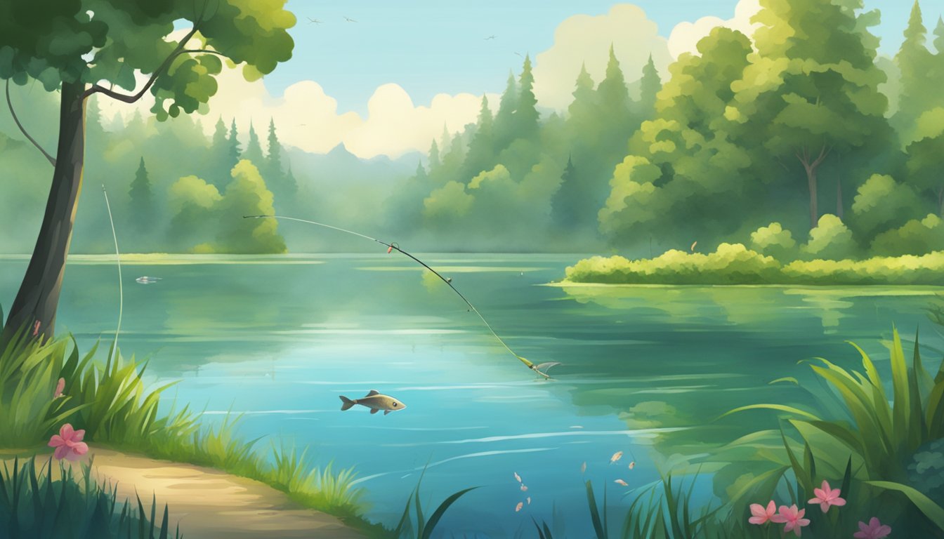 A serene lake surrounded by lush greenery, with a fishing rod casting a line into the water. A variety of fish can be seen swimming beneath the surface