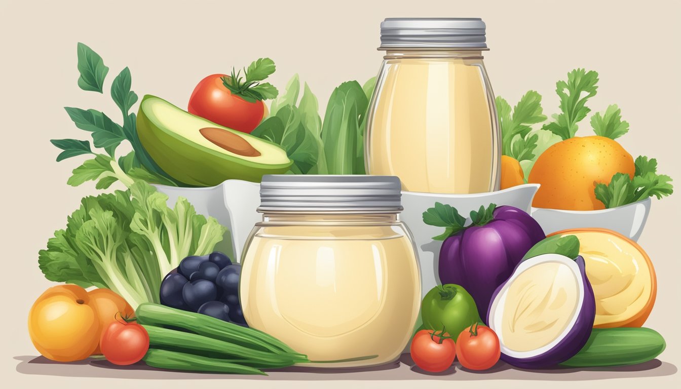 A jar of vegan mayonnaise next to a jar of traditional mayonnaise, with a variety of fresh vegetables and fruits arranged around them