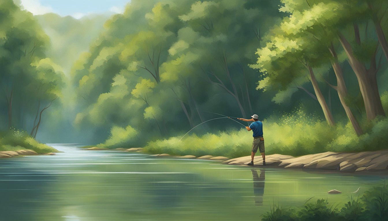 A fisherman casting a line into a tranquil Arkansas river, surrounded by lush greenery and the sounds of nature