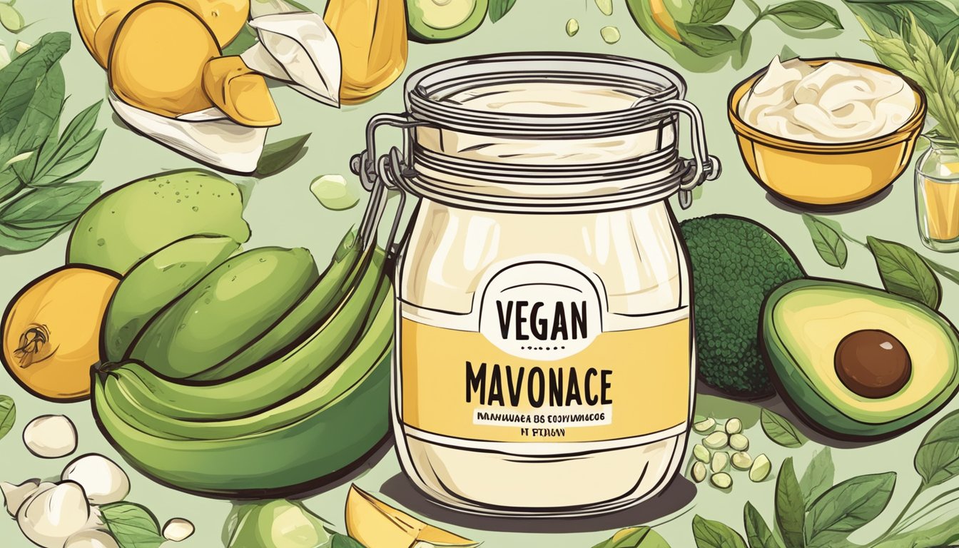 A jar of mayonnaise surrounded by various vegan ingredients like tofu, avocado, and soy milk, with a "vegan" label prominently displayed