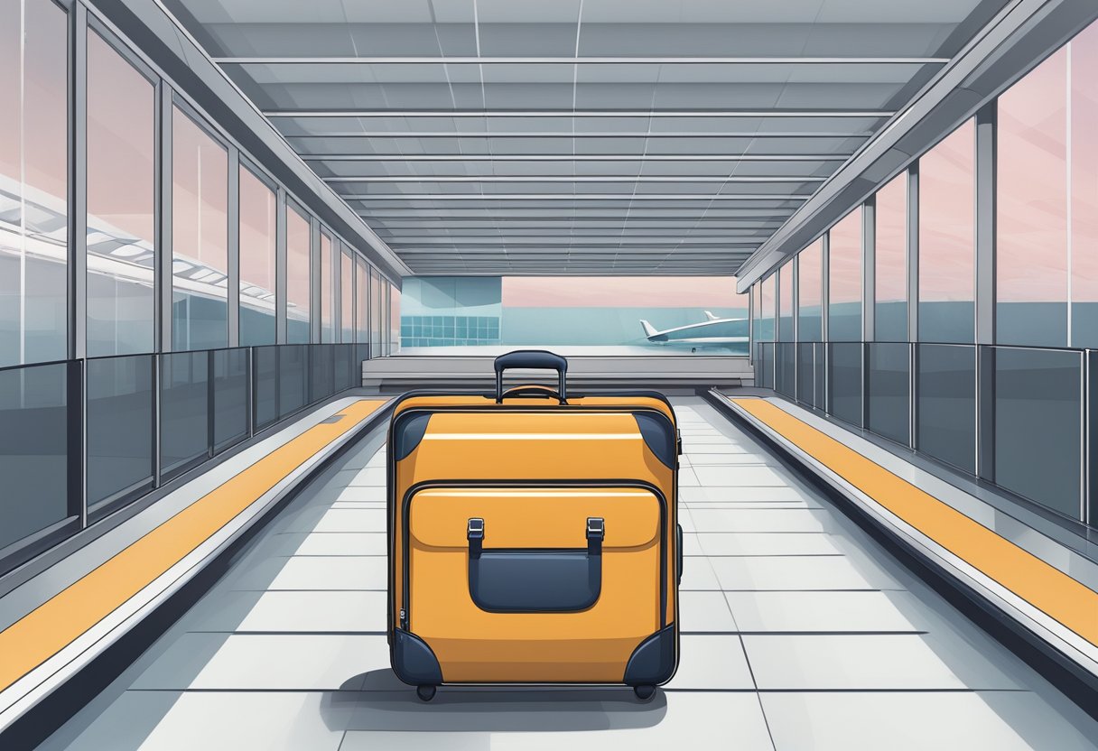 A lone suitcase on a conveyor belt at an empty airport, surrounded by sleek, modern architecture and minimalistic design