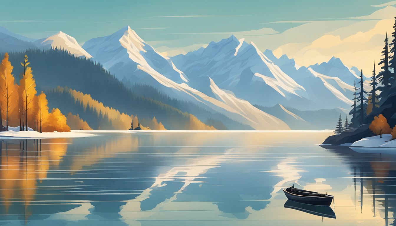 A serene lake surrounded by snow-capped mountains, with a lone fishing boat drifting in the calm waters