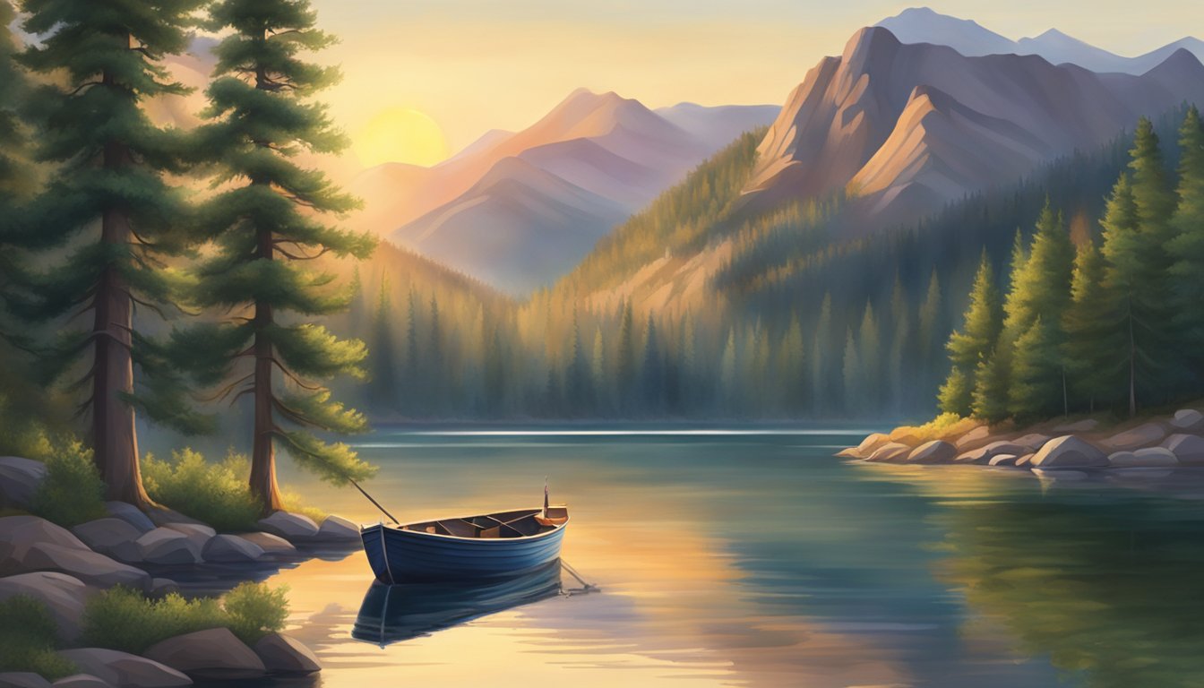 A serene lake nestled in the Colorado mountains, surrounded by lush greenery and towering pine trees. A lone fishing boat floats on the calm water, with the sun setting behind the peaks