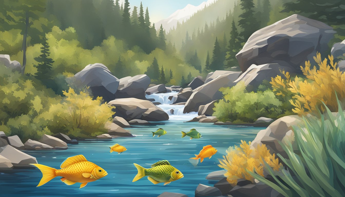 Various fish species swimming in a clear mountain stream in Colorado, surrounded by rocky banks and lush vegetation