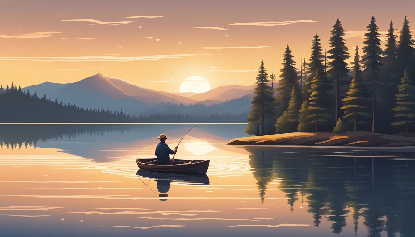 A serene lake surrounded by pine trees, with a fisherman casting a line from a small boat. The sun is setting, casting a warm glow over the calm waters