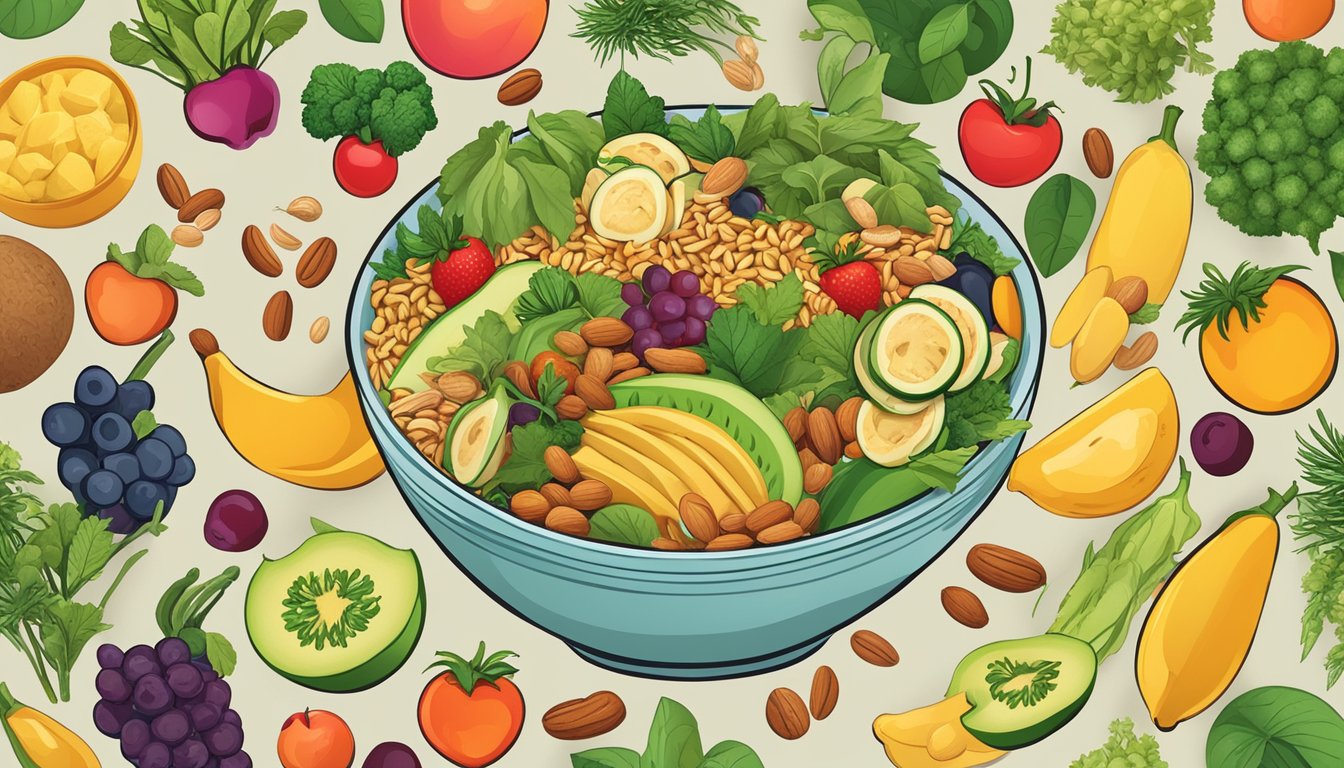 A bowl of Pringles surrounded by various plant-based foods like fruits, vegetables, and nuts