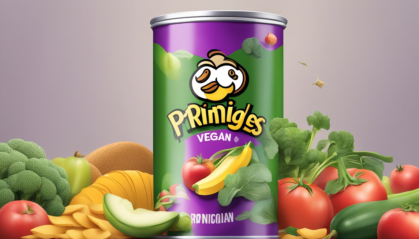 A variety of vegetables and fruits surrounding a can of Pringles, with a "vegan" label prominently displayed on the packaging