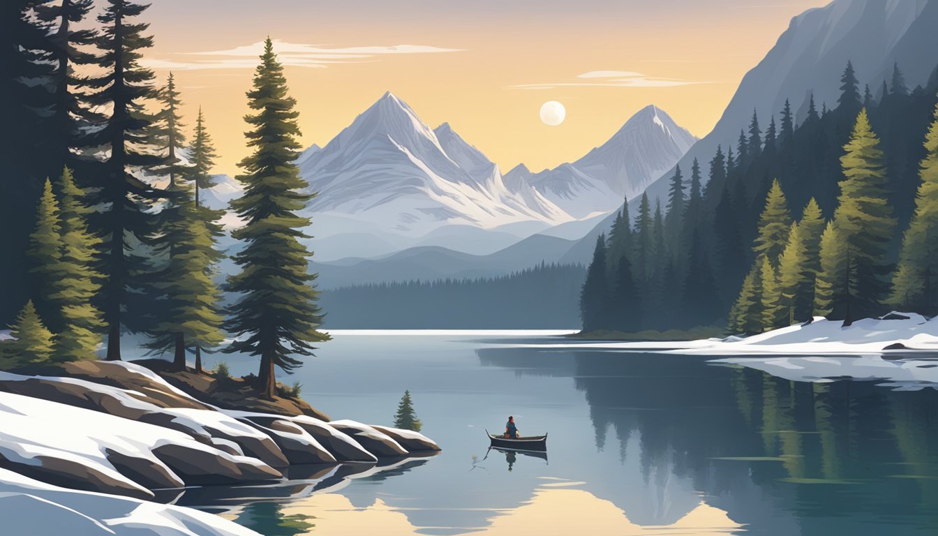 A serene mountain lake with a lone fisherman casting a line surrounded by towering pine trees and snow-capped peaks in the distance