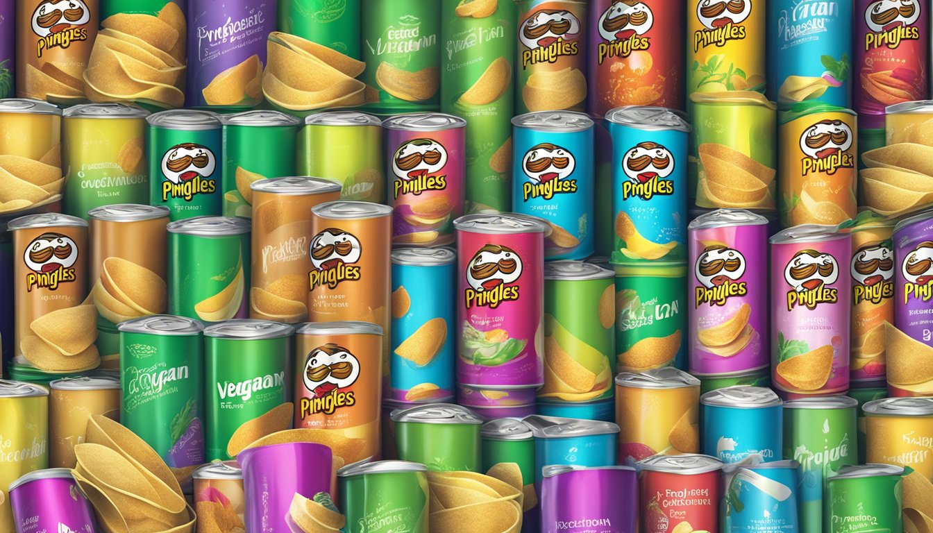 A colorful array of Pringles cans arranged in a circle, with various flavors displayed and a "vegan" label on some