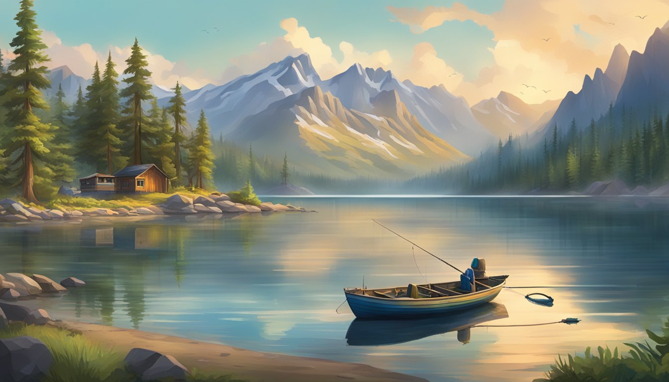 A serene lake surrounded by towering mountains, with a fishing boat anchored near the shore and a colorful array of fishing gear and amenities scattered around