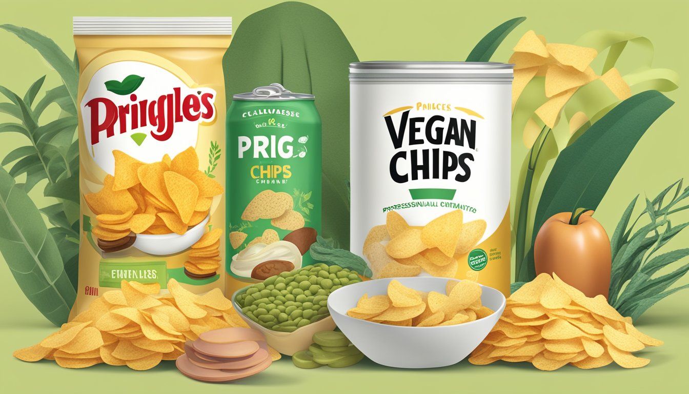 A bowl of vegan chips next to a can of Pringles, surrounded by various plant-based snack options