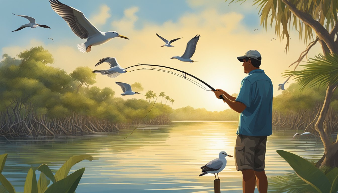 A fisherman casting a line into a calm, sunlit Florida bay, surrounded by mangroves and seagulls